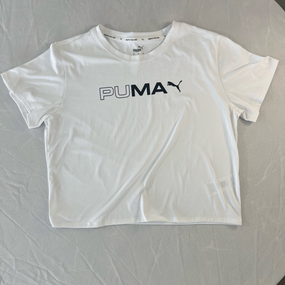 Puma Womens Large White Logo T Shirt Athletic Short Sleeve Casual Tee